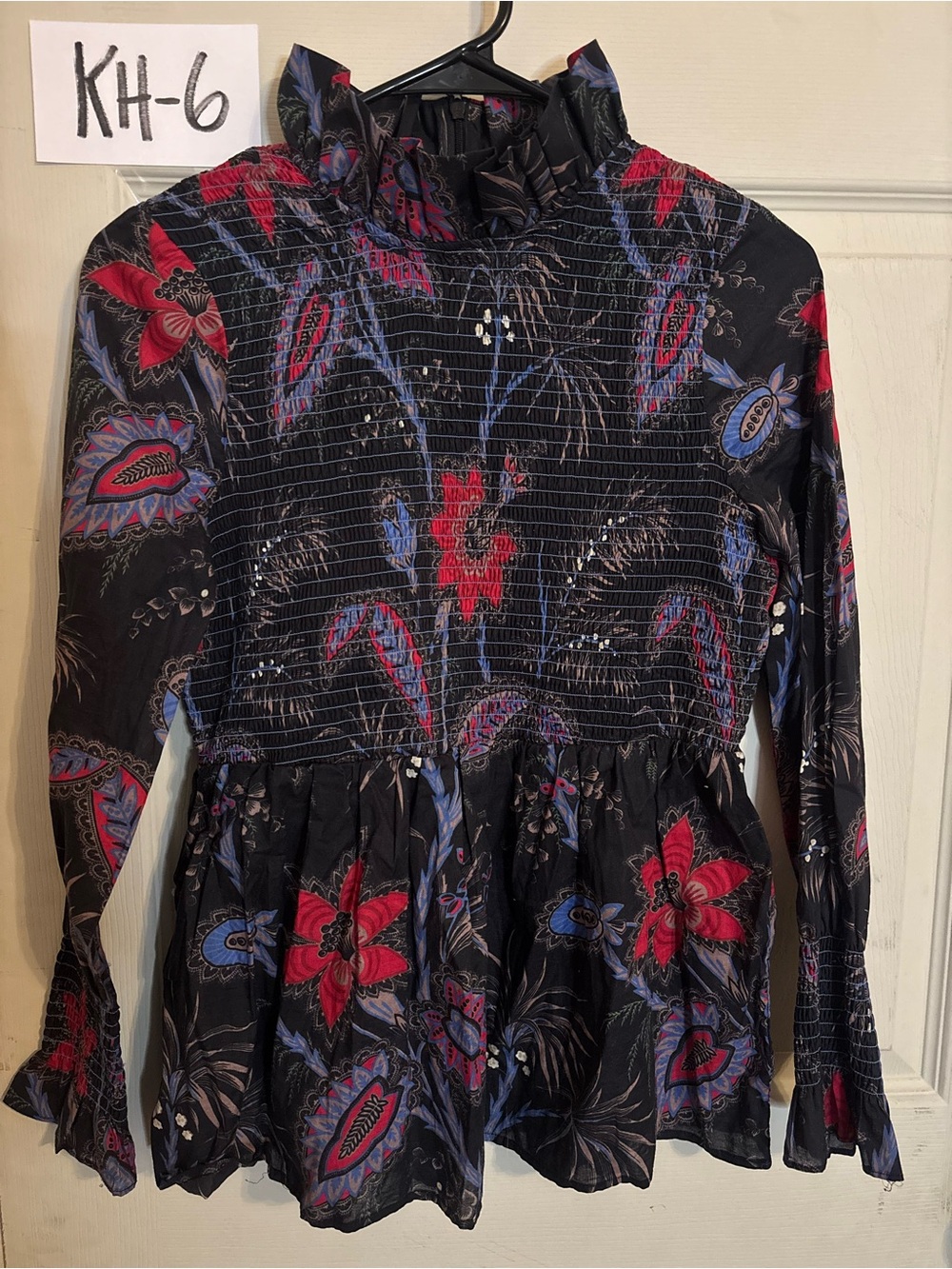 Tuckernuck Black Floral Smocked Peplum Top with Red & Blue Accents